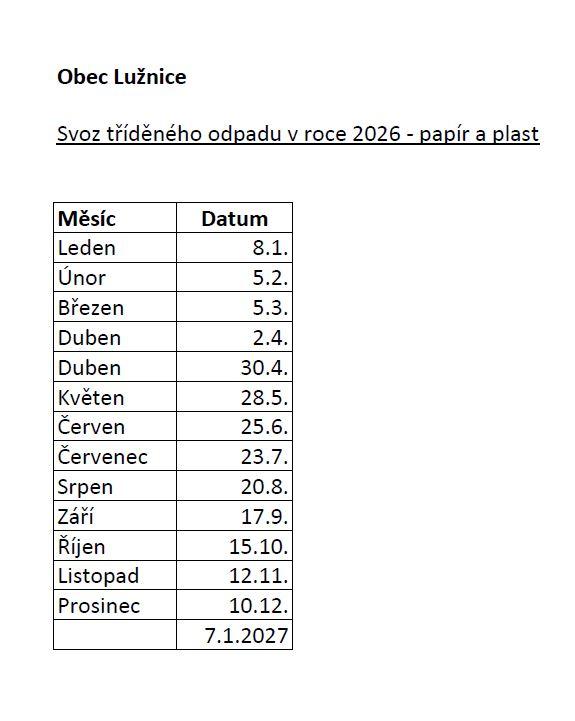 Svoz tříděného odpadu 2026